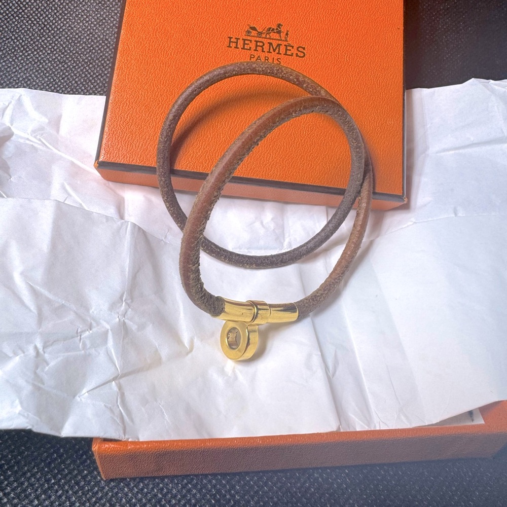 Hermès Kelly Lock Necklace Wrap Bracelet 1980 Vintage Hunter Leather Gold Plated - Picture 14 of 16